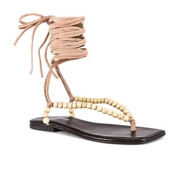 Jeffrey Campbell Leather Xeniah Beaded Ankle Strap Flat Sandal Brown Size 7/38 - Picture 1 of 13